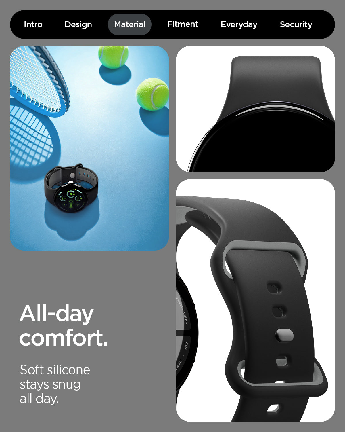AMP09491 - Pixel Watch 5 (45mm) Nano Pop Black Sesame showing the all day comfort. Soft silicone stays snug all day