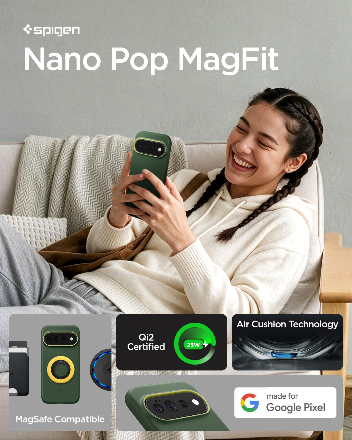 ACS11456 - Pixel 11 Pro XL Nano Pop (Mag Fit) Avo Green person holding the Nano Pop MagFit case demonstrating magnetic compatibility, Qi2 certified charging, and everyday use.