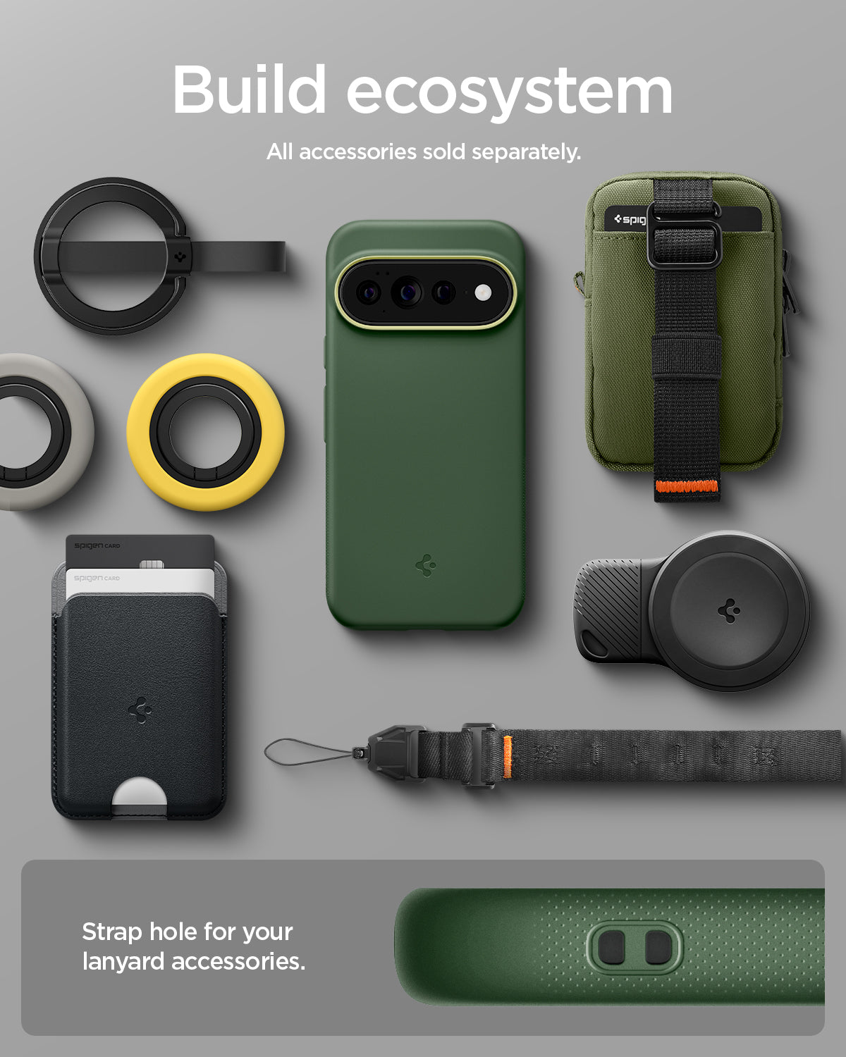 ACS11456 - Pixel 11 Pro XL Nano Pop (Mag Fit) Avo Green case shown with compatible magnetic accessories including a wallet, charger, ring grip, pouch, and lanyard.
