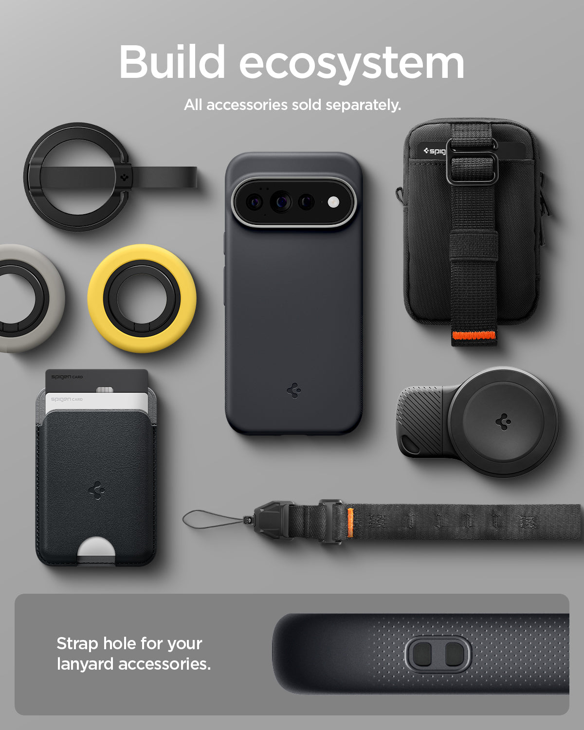 ACS11455 - Pixel 11 Pro XL Nano Pop (Mag Fit) Black Sesame case shown with compatible magnetic accessories including a wallet, charger, ring grip, pouch, and lanyard.