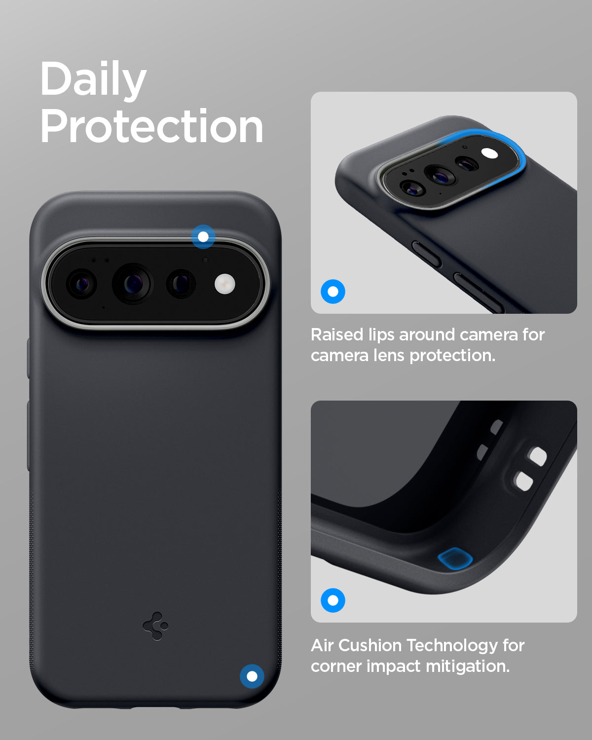 ACS11435 - Pixel 11 Pro Nano Pop (Mag Fit) Black Sesame close up highlighting the raised camera surround and Air Cushion Technology around the corners.
