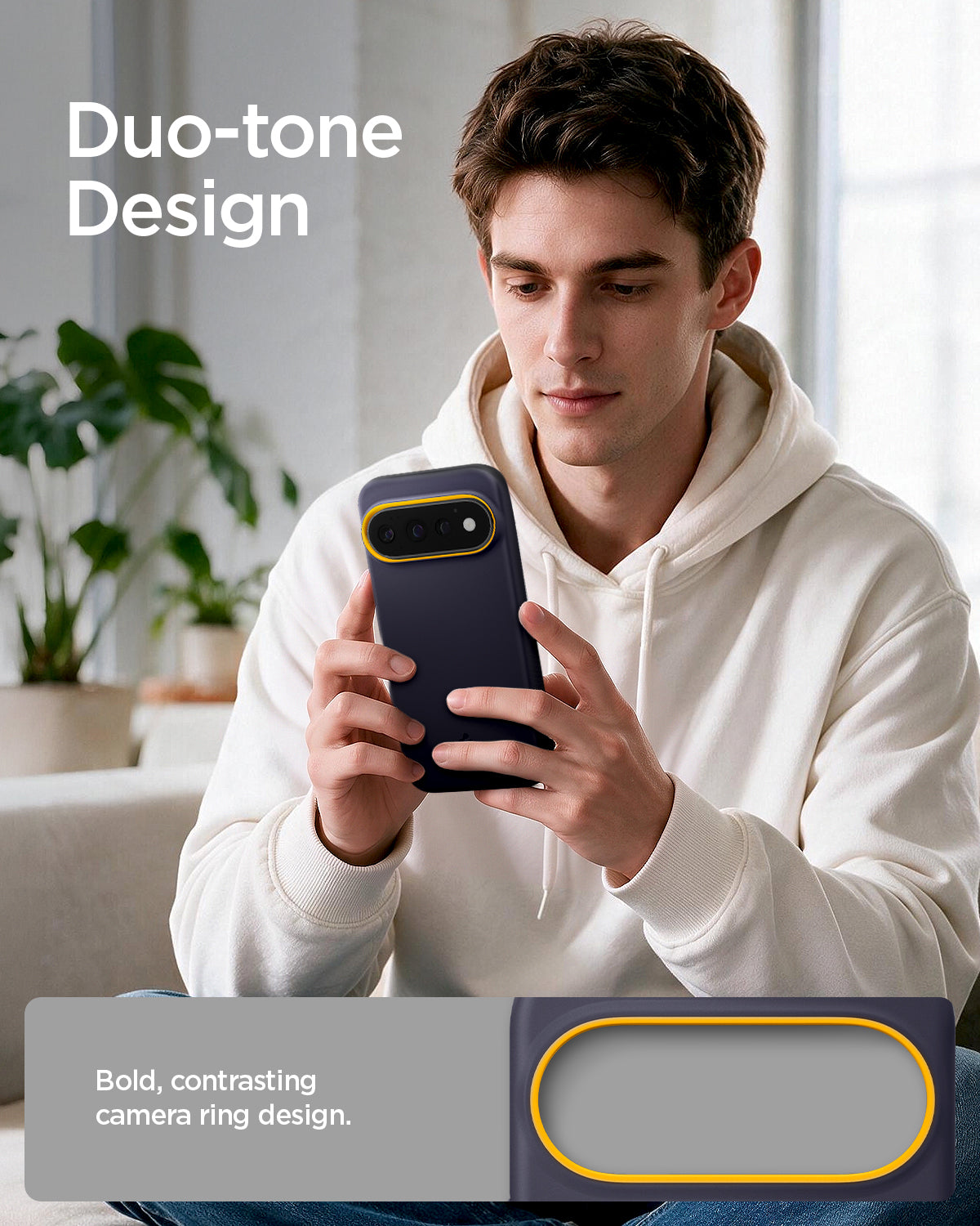 ACS11434 - Pixel 11 Pro Nano Pop (Mag Fit) Blueberry Navy person holding the Nano Pop MagFit case featuring a contrasting camera surround and smooth exterior finish.