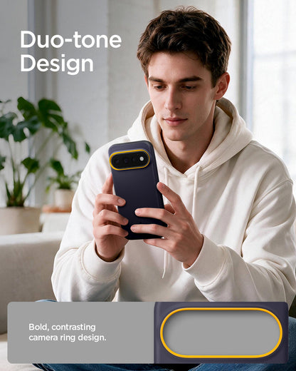 ACS11434 - Pixel 11 Pro Nano Pop (Mag Fit) Blueberry Navy person holding the Nano Pop MagFit case featuring a contrasting camera surround and smooth exterior finish.