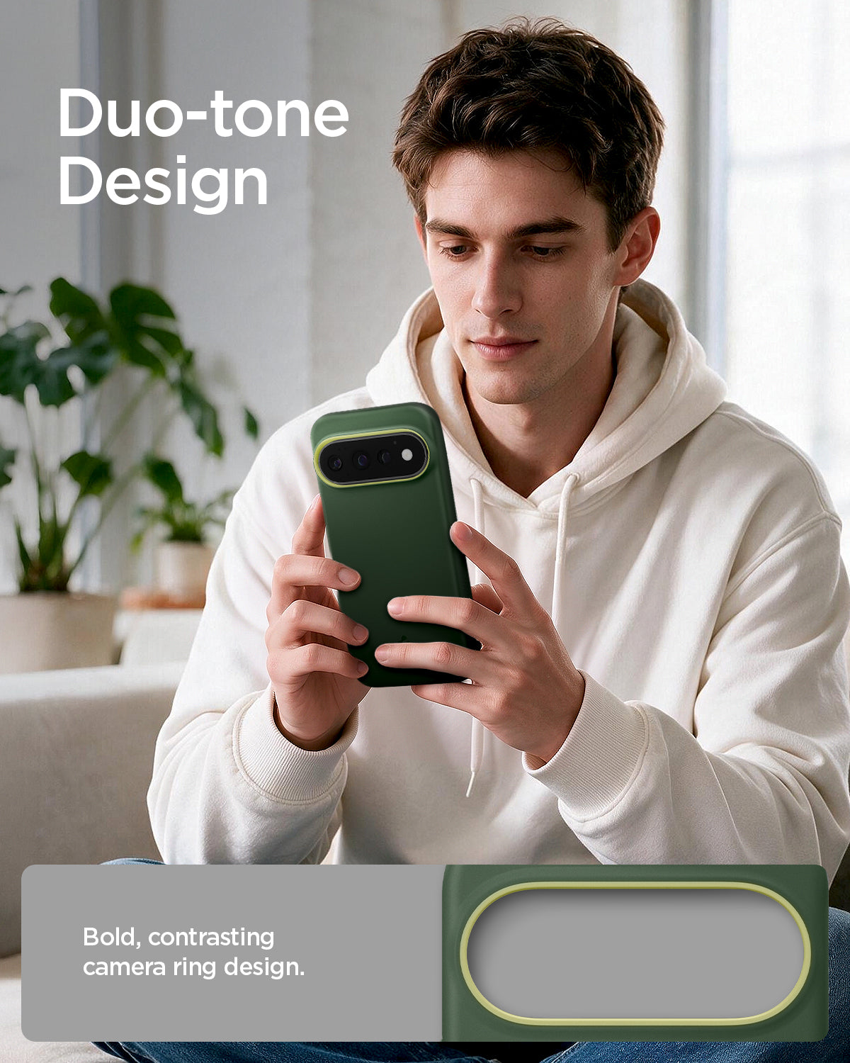 ACS11436 - Pixel 11 Pro Nano Pop (Mag Fit) Avo Green person holding the Nano Pop MagFit case featuring a contrasting camera surround and smooth exterior finish.