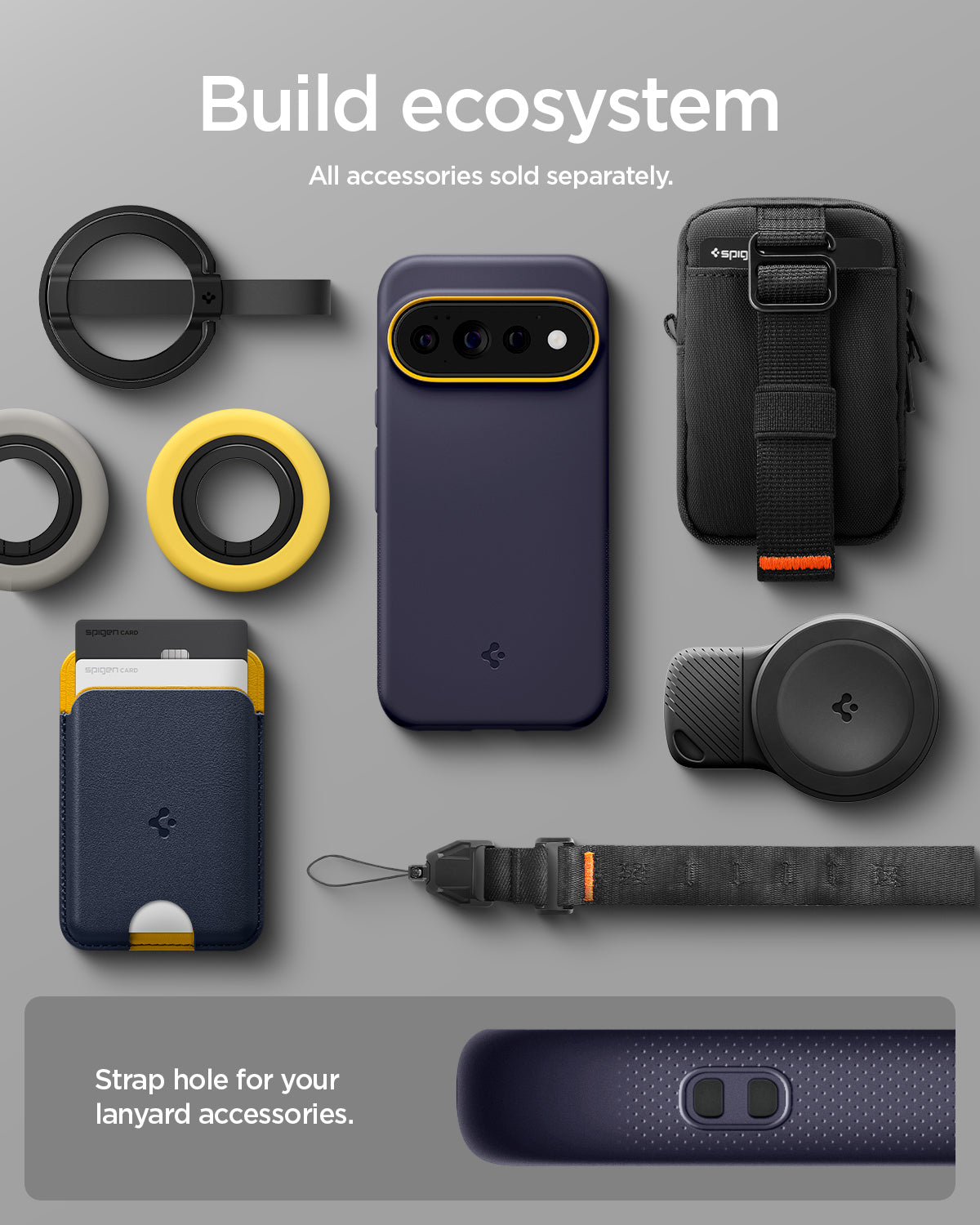 ACS11434 - Pixel 11 Pro Nano Pop (Mag Fit) Blueberry Navy case shown with compatible magnetic accessories including a wallet, charger, ring grip, pouch, and lanyard.