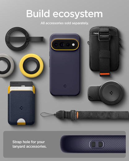 ACS11434 - Pixel 11 Pro Nano Pop (Mag Fit) Blueberry Navy case shown with compatible magnetic accessories including a wallet, charger, ring grip, pouch, and lanyard.