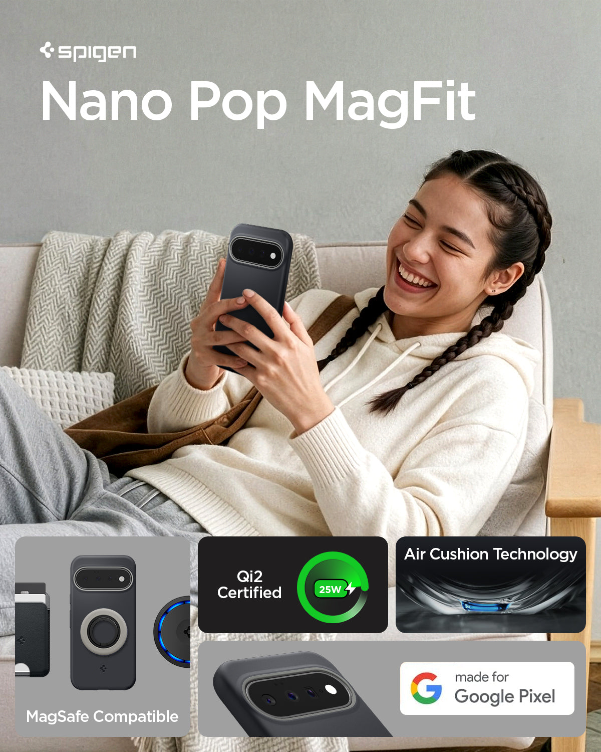 ACS11445 - Pixel 11 Nano Pop (Mag Fit) Black Sesame person holding the Nano Pop MagFit case demonstrating magnetic compatibility, Qi2 certified charging, and everyday use.