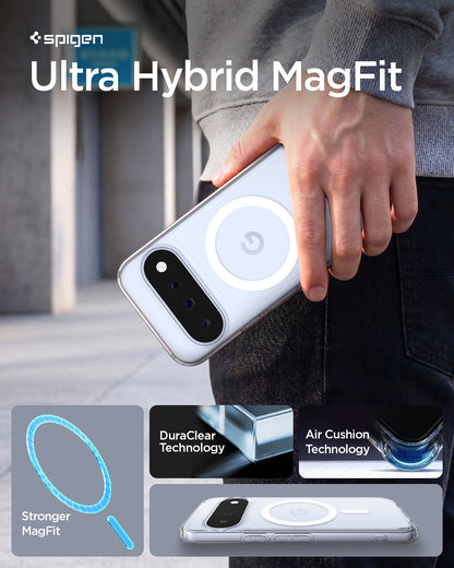 ACS11441 - Pixel 11 Ultra Hybrid (Mag Fit) Clear White lifestyle image featuring the Ultra Hybrid MagFit case with DuraClear technology, Air Cushion protection, and a built in MagFit ring.