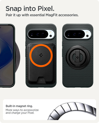 ACS09719 - Pixel 10 Pro XL Case Liquid Air (MagFit) in abyss green showing the built in magnet ring. More ways to accessorize and charge your pixel. Snap into Pixel. Pair it up with essential MagFit accessories.