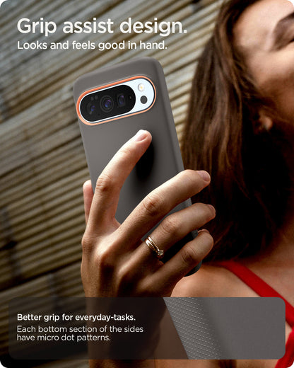 ACS09735 - Pixel 10 Pro XL Case Nano Pop (MagFit) in papaya gray showing the grip assist design. Looks and feels good in hand. Better grip for everyday tasks. Each bottom section of the sides have micro dot patterns