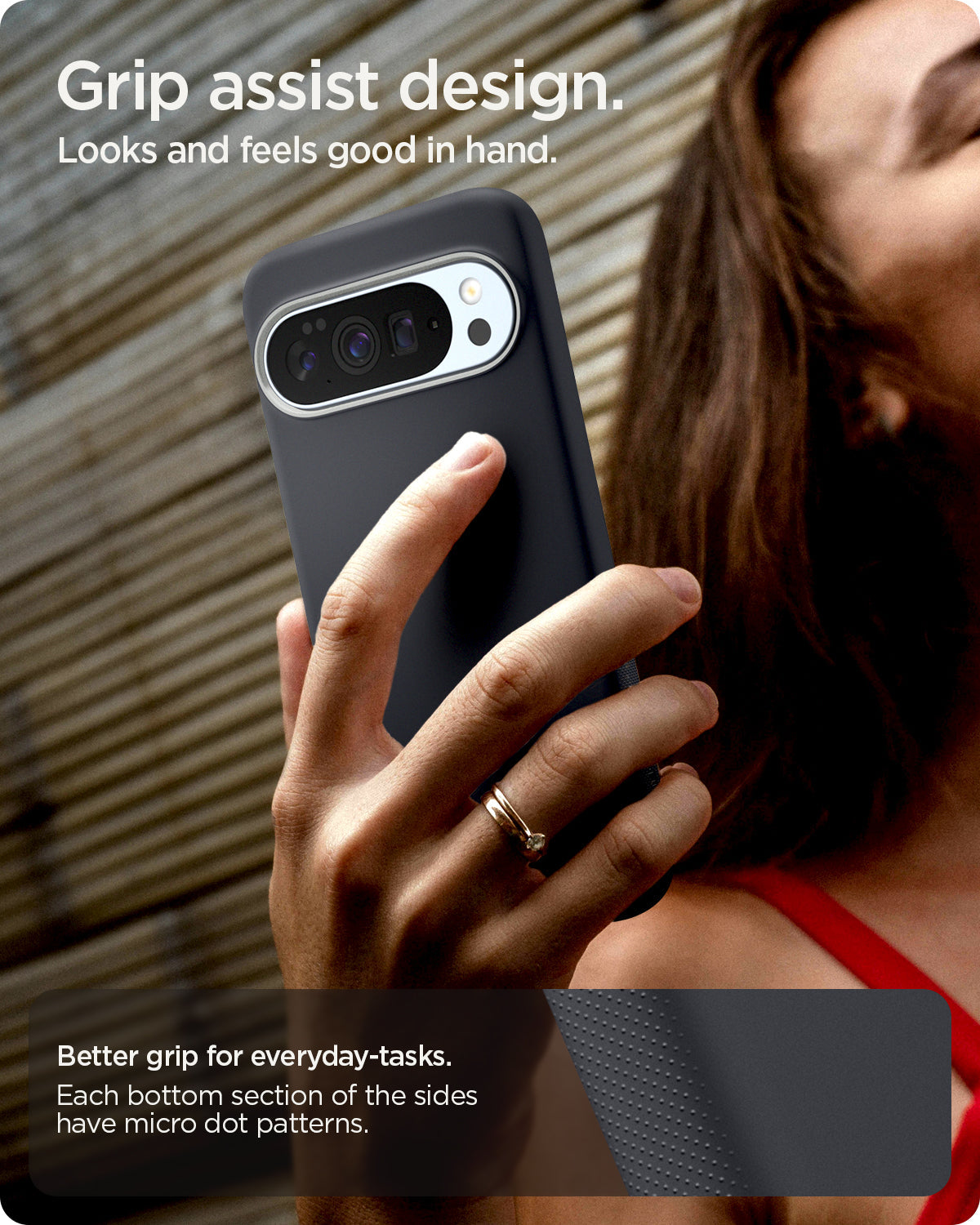 ACS09736 - Pixel 10 Pro XL Case Nano Pop (MagFit) in black sesame showing the grip assist design. Looks and feels good in hand. Better grip for everyday tasks. Each bottom section of the sides have micro dot patterns