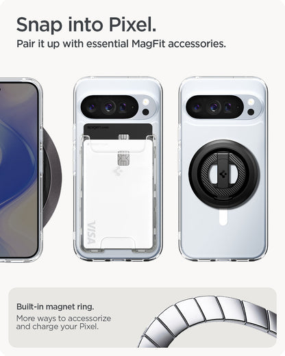 ACS09725 - Pixel 10 Pro XL Case Ultra Hybrid Metal Ring (MagFit) in crystal clear showing the built in magnet ring. More ways to accessorize and charge your pixel. Snap into pixel. Pair it up with essential MagFit accessories.