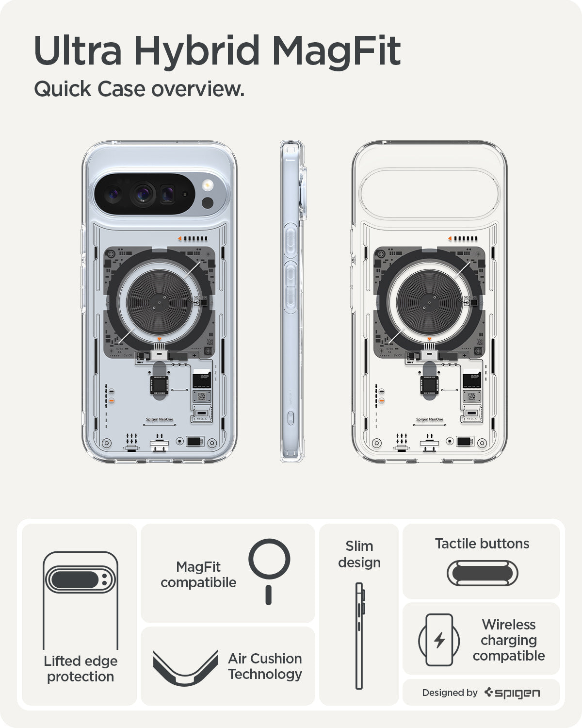 ACS09727 - Pixel 10 Pro XL Case Ultra Hybrid Neo One (MagFit) showing the quick case overview. Lifted edge protection, MagFit compatible, air cushion technology, slim design, tactile buttons and wireless charging compatible