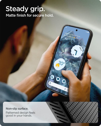 ACS09714 - Pixel 10 / Pixel 10 Pro Case Liquid Air in matte black showing the steady grip. Matte finish for secure hold. Non-slip surface. Patterned design feels good in your hands