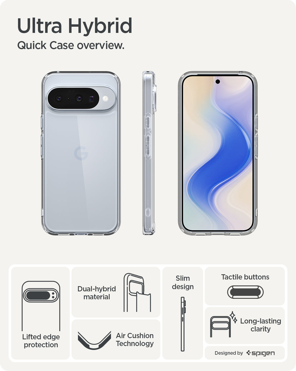 ACS09715 - Pixel 10 / Pixel 10 Pro Case Ultra Hybrid in crystal clear showing the quick case overview. Lifted edge protection, tactile buttons, slim design, air cushion technology