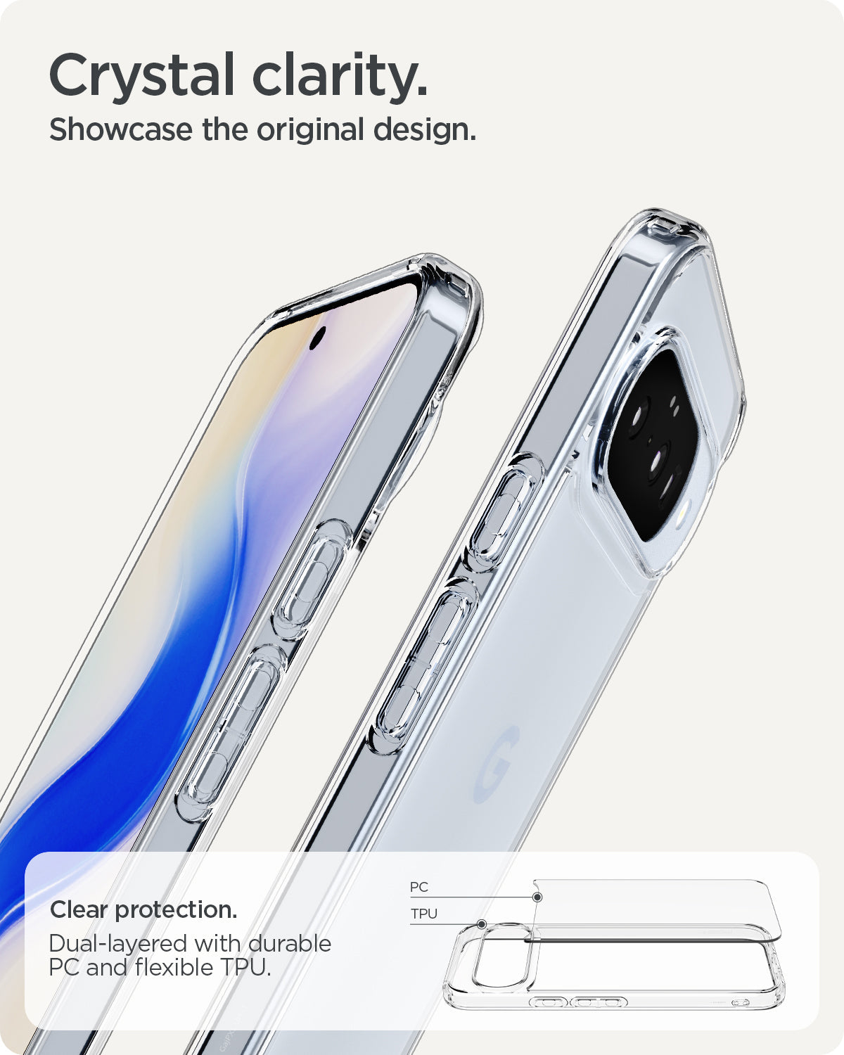 ACS09715 - Pixel 10 / Pixel 10 Pro Case Ultra Hybrid in crystal clear showing the crystal clarity. Showcase the original design.