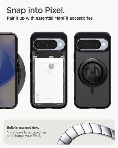 ACS09703 - Pixel 10 / Pixel 10 Pro Case Ultra Hybrid Metal Ring (MagFit) in frost black showing the built in magnet ring. More ways to accessorize and charge your pixel. Snap into pixel. Pair it up with essential MagFit accessories.