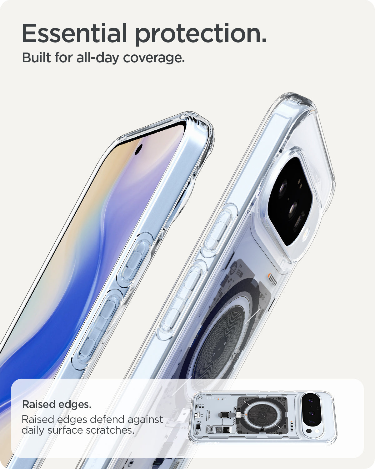 ACS09704 - Pixel 10 / Pixel 10 Pro Case Ultra Hybrid Neo One (MagFit) showing the raised edges that defend against daily surface scratches. Essential protection. Built for all day coverage.