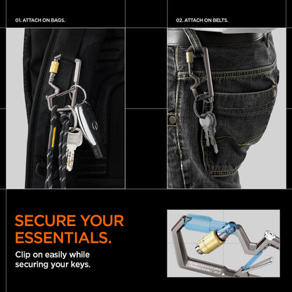 AHP08894 - Carabiner | LF101 in black showing how secure your essentials would be. Clip on easily while securing your keys