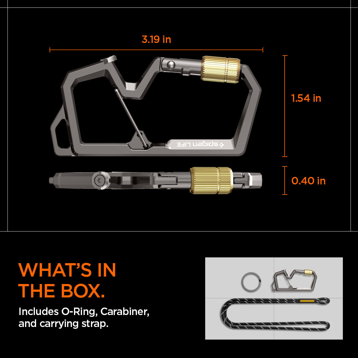 AHP08894 - Carabiner | LF101 in black showing what's in the box. Include O-ring, Carabiner, and carrying strap. 3.19in x 1.54in x 0.40in
