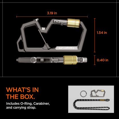 AHP08894 - Carabiner | LF101 in black showing what's in the box. Include O-ring, Carabiner, and carrying strap. 3.19in x 1.54in x 0.40in