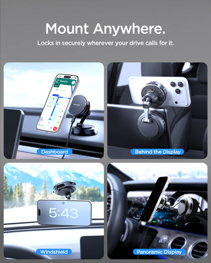 ACP11399 - Peltier Dashboard Charging Mount with Cable | PLT100 (Mag Fit) showing "Mount Anywhere" the PLT100 installed on a dashboard, behind a display, on a windshield, and on a panoramic display.