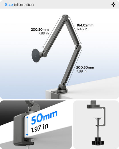 AMP09694 - Phone OneTap Clamp (MagFit) in Space Gray showing size imformation