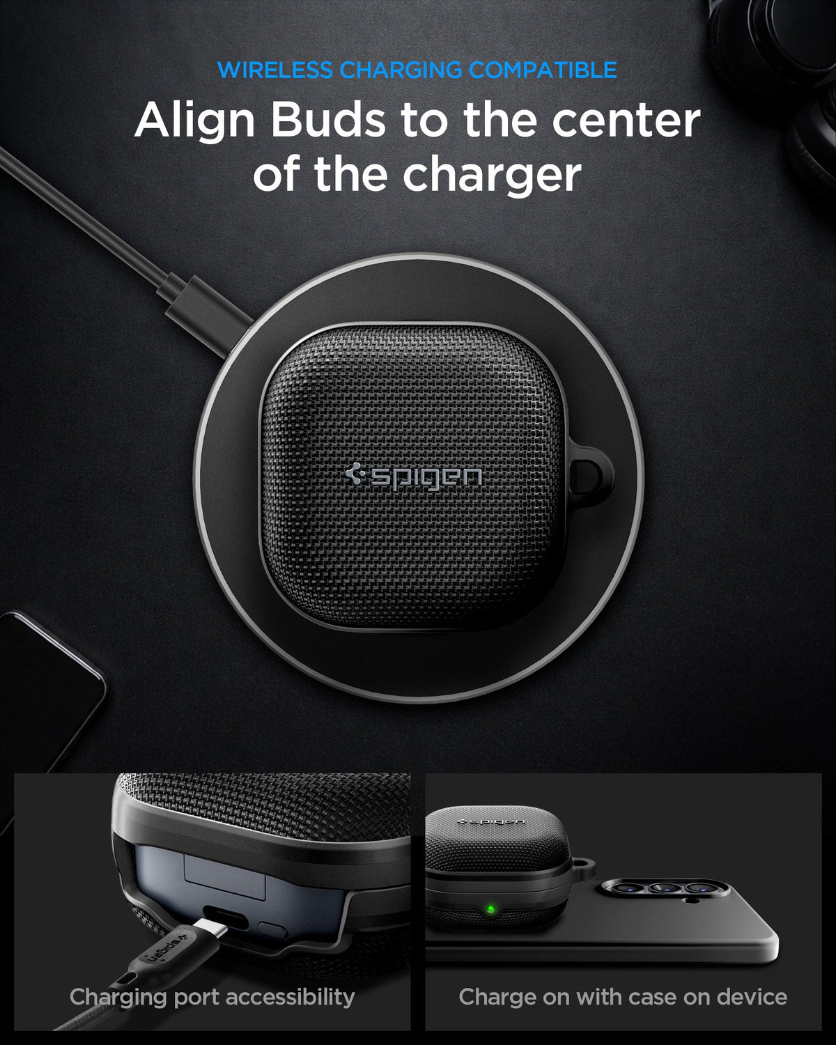 ACS11203 - Galaxy Buds 4 Series - Classic Fit in Black showing wireless charging compatible. align buds to the center of the charger