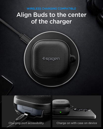 ACS11203 - Galaxy Buds 4 Series - Classic Fit in Black showing wireless charging compatible. align buds to the center of the charger