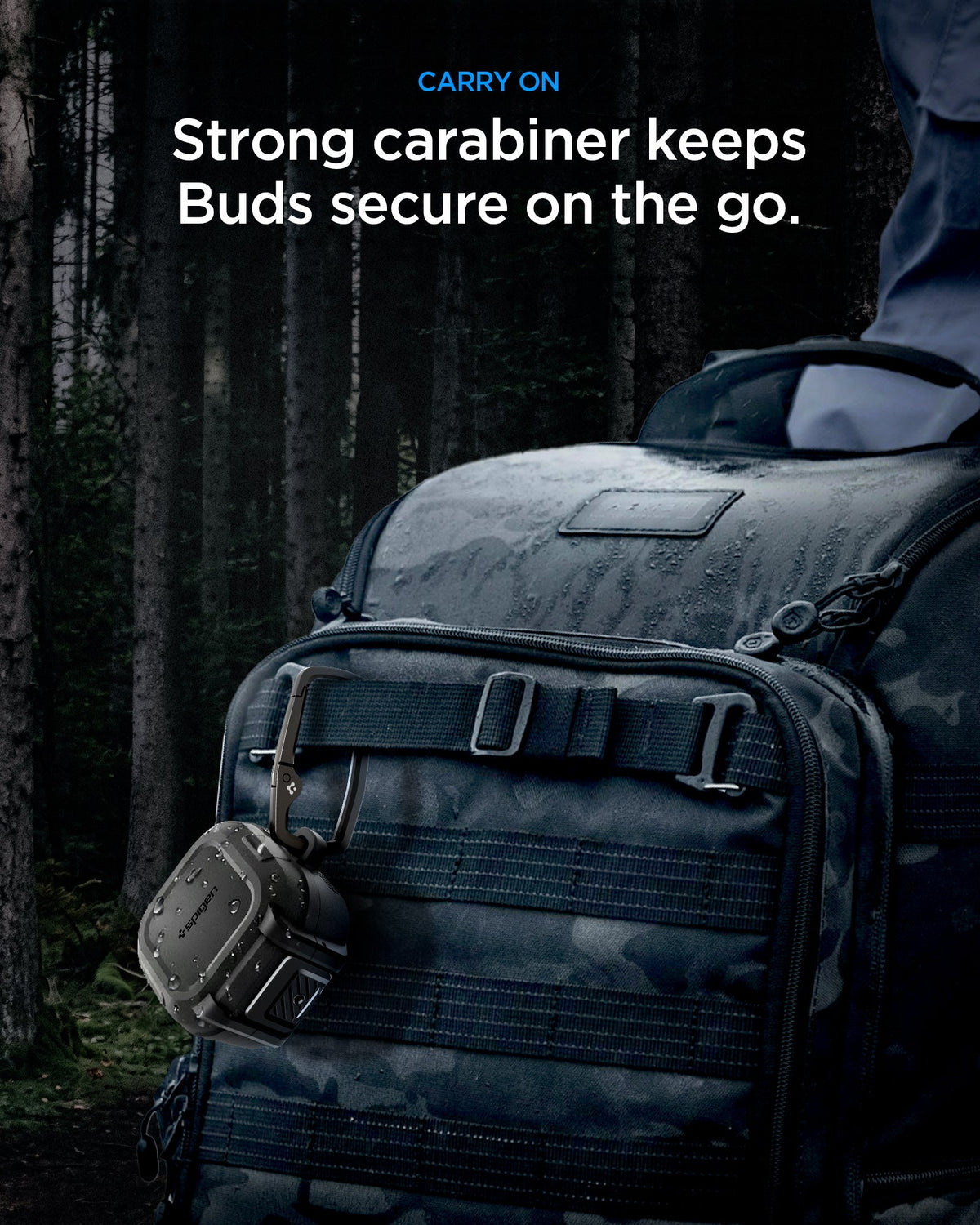 ACS11202 - Galaxy Buds 4 Series - Lock Fit in Matte Black showing carry on. strong carabiner keeps buds secure on the go