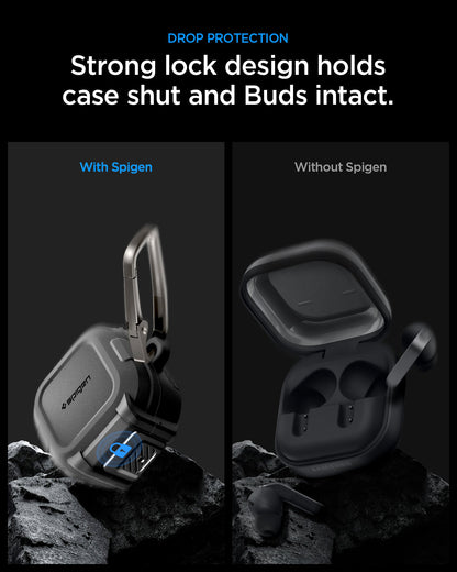 ACS11202 - Galaxy Buds 4 Series - Lock Fit in Matte Black showing drop protection. strong lock design holds case shut and buds intact