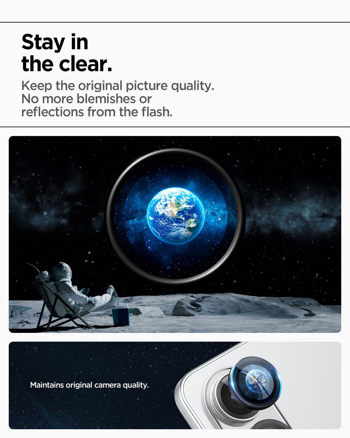 AGL09412 - Galaxy S25 Edge Optik EZ Fit Lens Pro Protector in Black showing the stay in the clear. Keep the original picture quality. No more blemishes or reflections from the flash. Maintains original camera quality