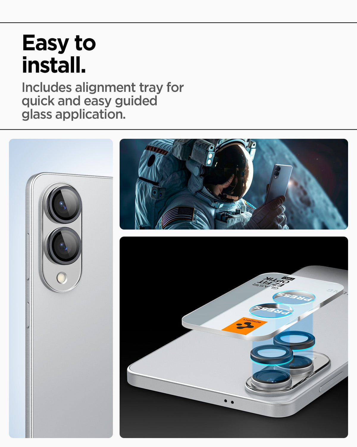 AGL09412 - Galaxy S25 Edge Optik EZ Fit Lens Pro Protector in Black showing the easy to install. Includes alignment tray for quick and easy guided glass application