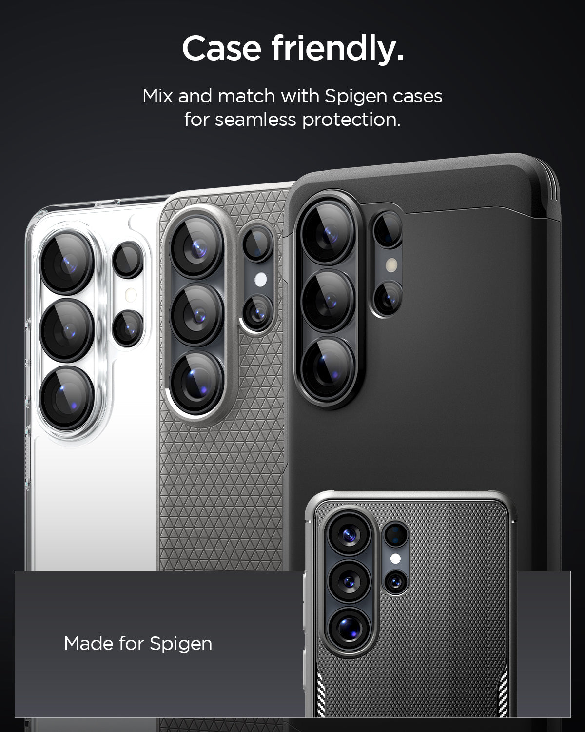 AGL11071 - Galaxy S26 Ultra Optik EZ Fit Lens Pro Protector showing case friendly. mix and match with spigen cases for seamless protection