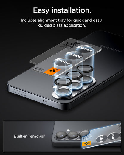 AGL11082 - Galaxy S26 Plus Optik EZ Fit Lens Pro Protector showing the easy to install. Includes alignment tray for quick and easy guided glass application