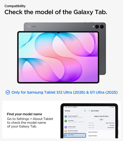 ACS11821 - Galaxy Tab S12 Ultra Liquid Air Folio showing compatibility information for the Galaxy Tab S12 Ultra (2026) and instructions for checking the tablet model.