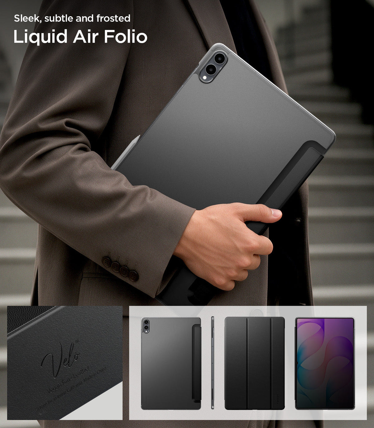 ACS11821 - Galaxy Tab S12 Ultra Liquid Air Folio showing a folio tablet case with a frosted back, textured cover, slim profile, and stylus attachment.