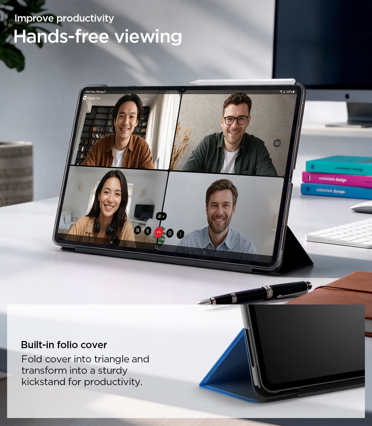 ACS11821 - Galaxy Tab S12 Ultra Liquid Air Folio showing a tablet supported hands-free by the folded folio cover in a triangular stand.
