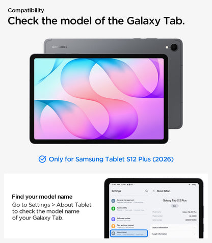ACS11828 - Galaxy Tab S12+ Liquid Air Folio showing compatibility information for the Galaxy Tab S12 Plus (2026) and instructions for checking the tablet model.