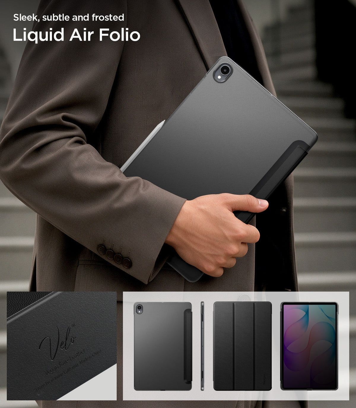 ACS11828 - Galaxy Tab S12+ Liquid Air Folio showing a folio tablet case with a frosted back, textured cover, slim profile, and stylus attachment.