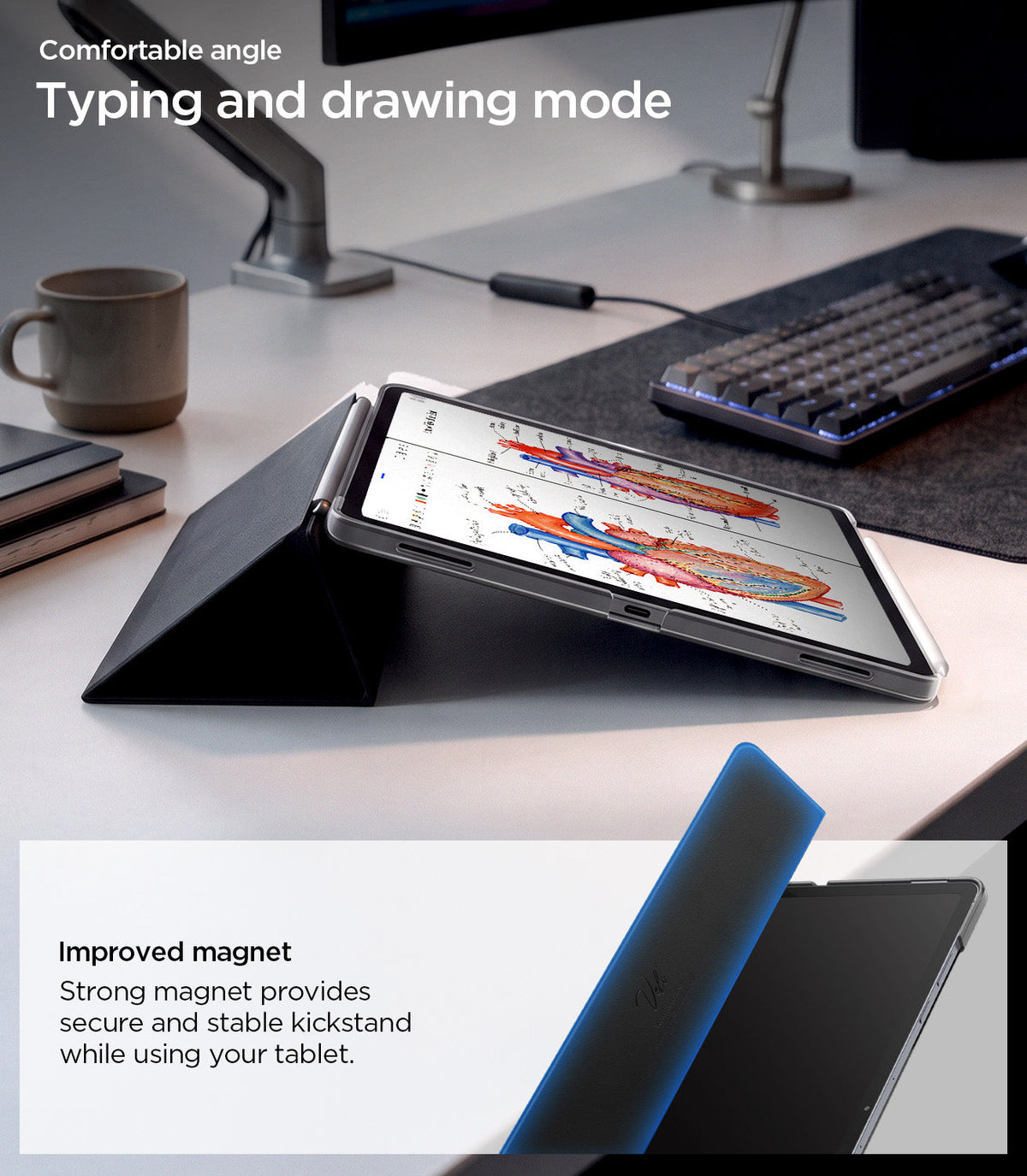 ACS11828 - Galaxy Tab S12+ Liquid Air Folio showing a tablet positioned at a low angle for typing and drawing with the magnetic folio cover folded into a stand.
