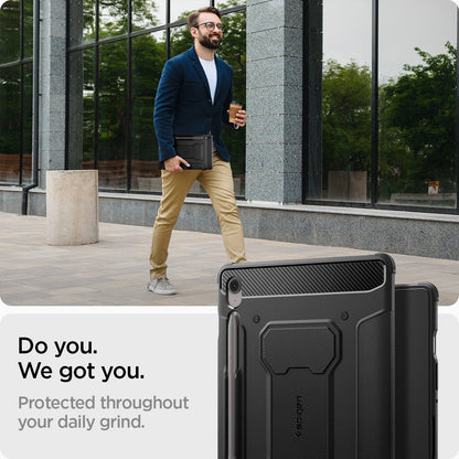 ACS09381 - Galaxy Tab S10 FE+ Case Rugged Armor Pro in Matte Black showing the protection throughout your daily grind