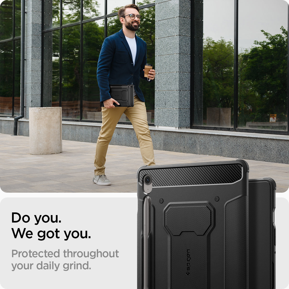 ACS09380 - Galaxy Tab S10 FE Case Rugged Armor Pro in Matte Black showing the device protection throughout your daily grind