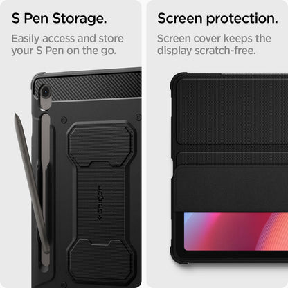 ACS09380 - Galaxy Tab S10 FE Case Rugged Armor Pro in Matte Black showing the S-Pen storage. Easily access and store your S Pen on the go. Screen cover keeps the display scratch-free