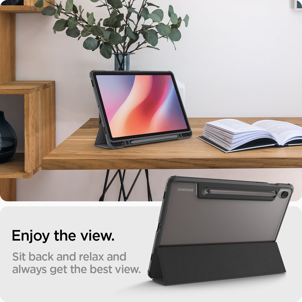 ACS09498 - Galaxy Tab S10 FE Case Ultra Hybrid Pro in Black showing always getting the best view just sit back and relax