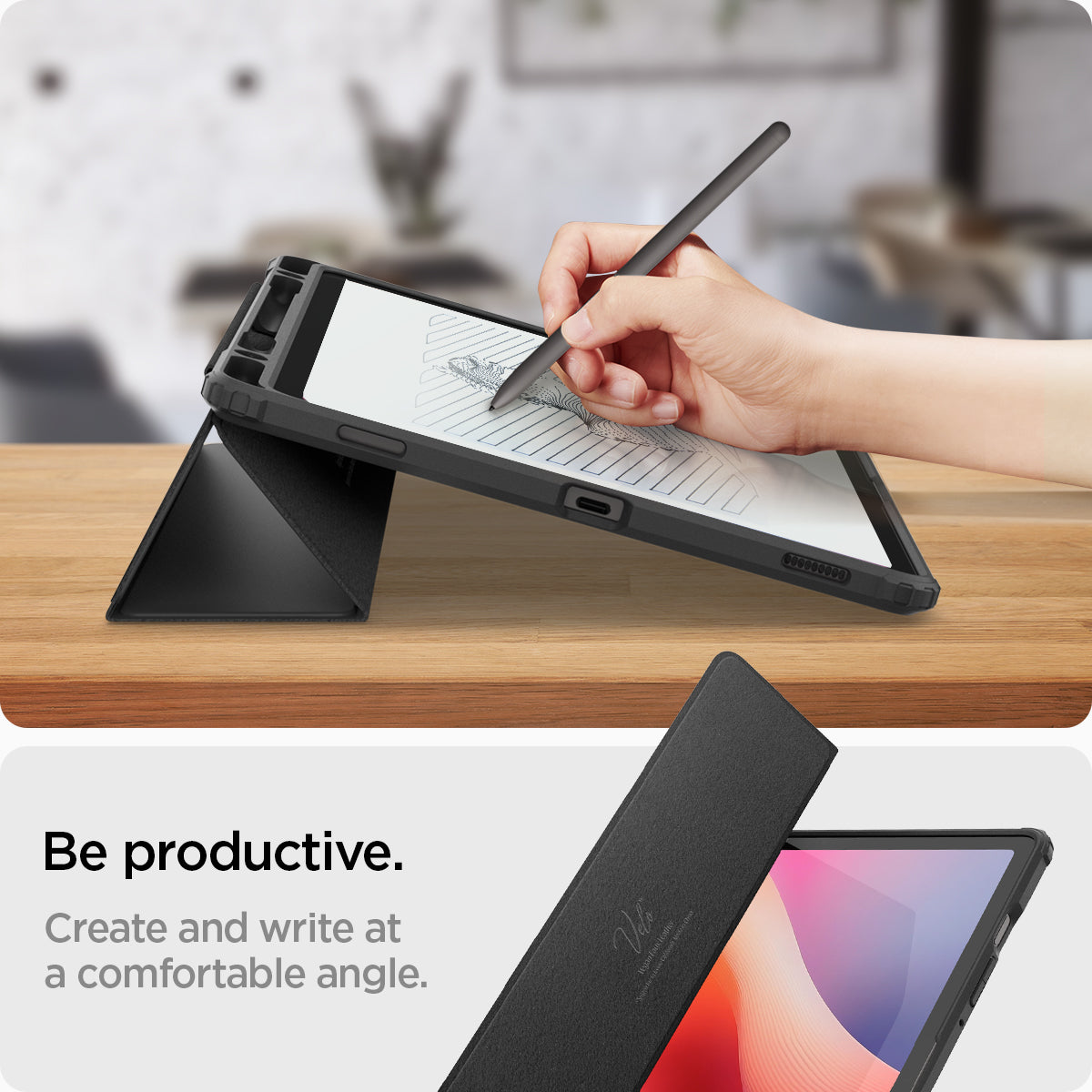 ACS09498 - Galaxy Tab S10 FE Case Ultra Hybrid Pro in Black showing being productive. Create and write at a comfortable angle