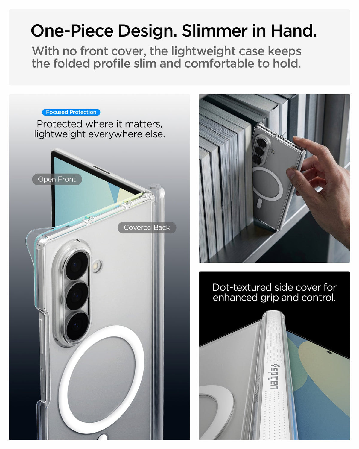 ACS11495 - Galaxy Z Fold 8 Ultra Air Skin Zero (Mag Fit) showing the "One-Piece Design, Slimmer in Hand" graphic, labeling the open front and covered back of the case, alongside a lifestyle photo of a hand placing the cased phone on a shelf and a close-up of the dot-text