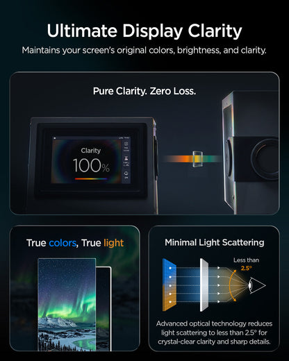 AGL09576 - Galaxy Z Fold 8 Ultra GLAS.tR EZ Fit Pro showing the "Ultimate Display Clarity" graphic, illustrating 100% clarity through the glass layer and a diagram of minimal light scattering under 2.5 degrees.