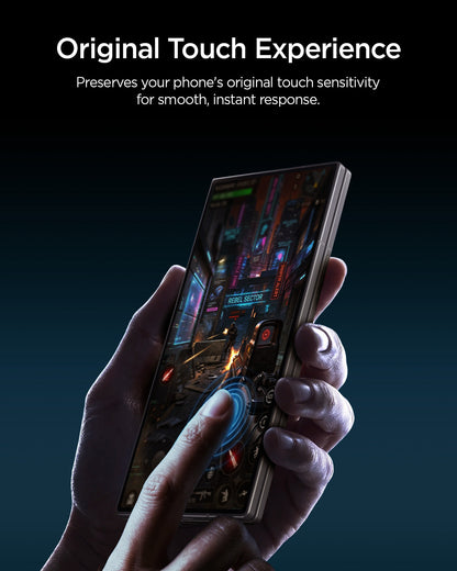 AGL09576 - Galaxy Z Fold 8 Ultra GLAS.tR EZ Fit Pro showing the "Original Touch Experience" graphic, a lifestyle shot of hands playing a game on the Galaxy Z Fold 8 Ultra with the screen protector applied.