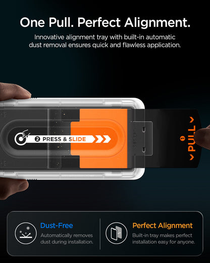 AGL09576 - Galaxy Z Fold 8 Ultra GLAS.tR EZ Fit Pro showing the "One Pull. Perfect Alignment." graphic, a close-up of hands pulling the installation tray's tabs with dust particles being removed during application.
